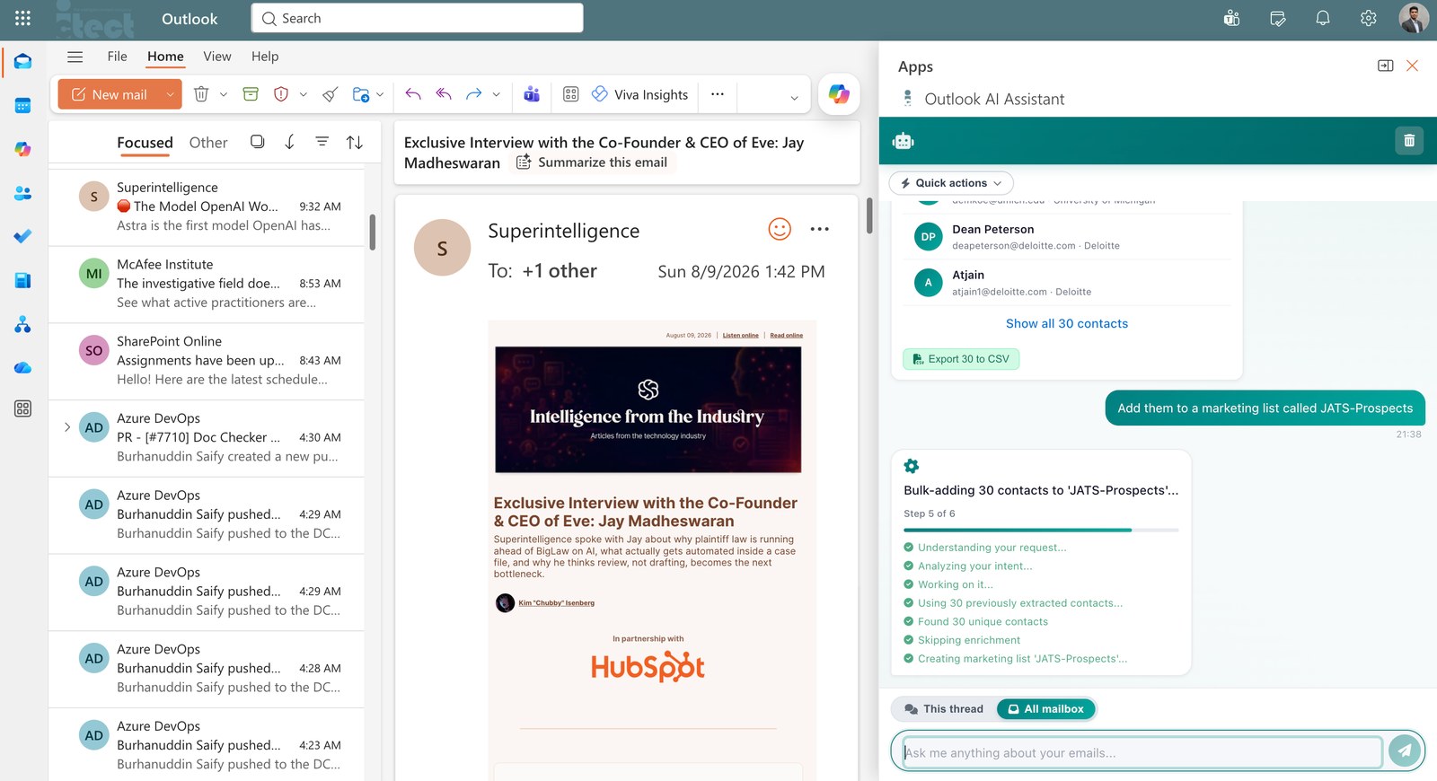 Outlook AI Assistant panel running a plain English request on a real inbox